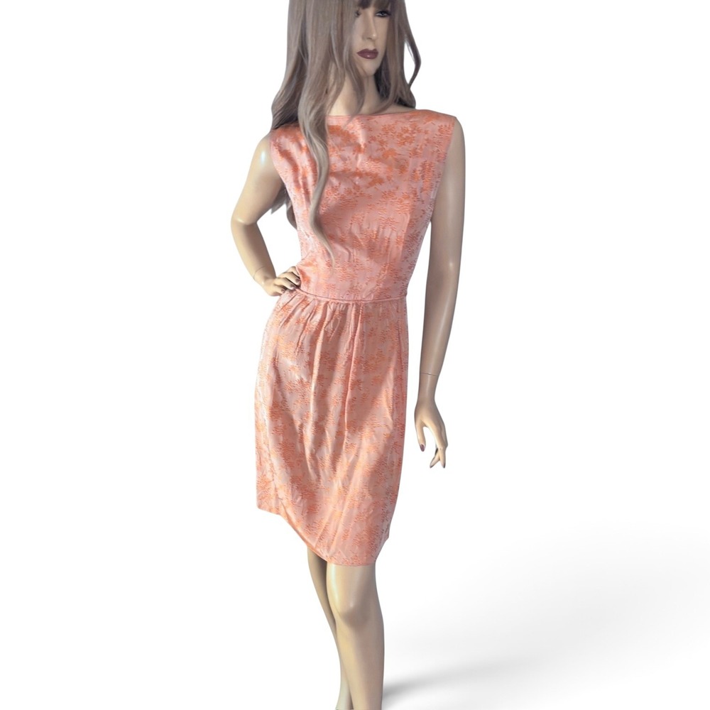 Vintage 1960s Orange Floral Jacquard Satin Mini Dress Size Small - Picture 6 of 8